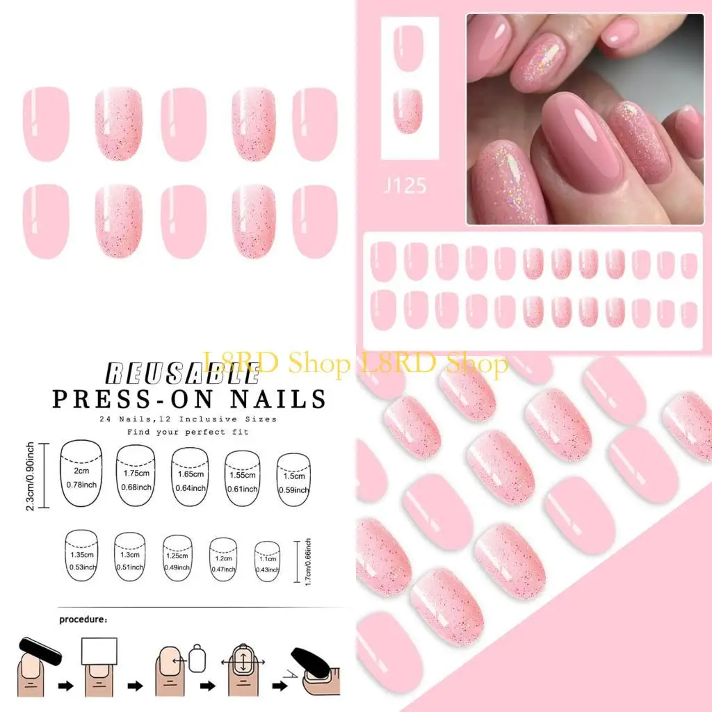 l8rd glitters กดเล็บสั้นรูปไข่เท็จเล็บ 24 ชิ้นสำหรับผู้หญิงเล็บเล็บเล็บผู้หญิง