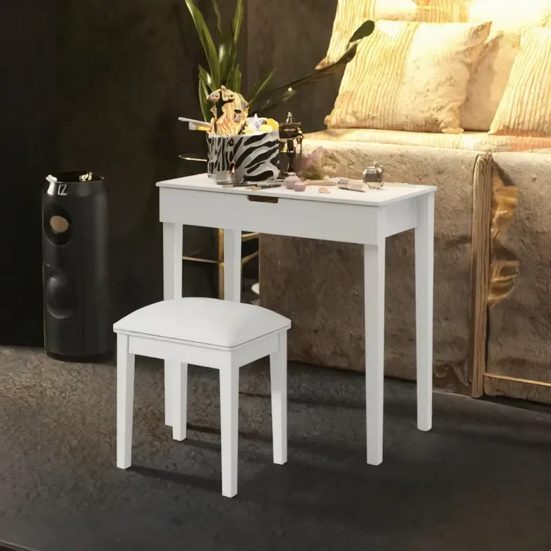 Modern White Dressing Table Set with LED Mirror & Stool 6 Light Bulbs Vanity for Bedroom Makeup Living Room