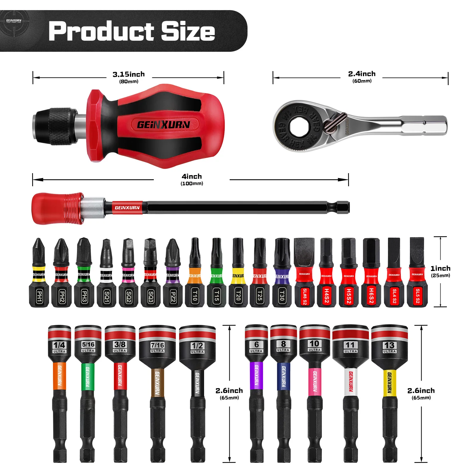 Geinxurn 21 STKS Schroevendraaier bitsets, Mini Ratelsleutel, Mini bit Handvat, Bithouder en Moer Driver met Impact S2 Schroevendraaier Bit