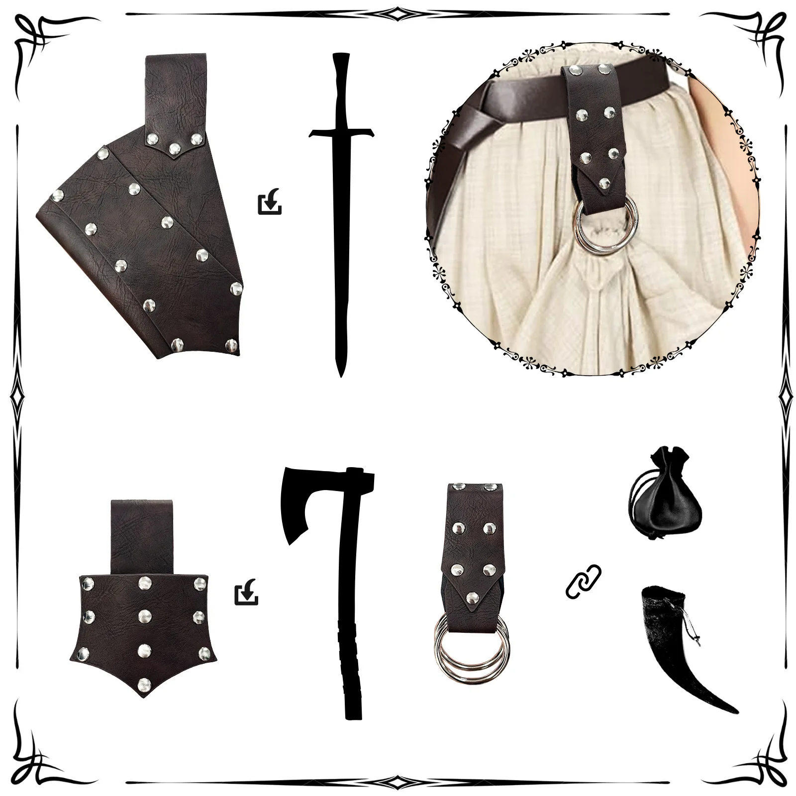 5pc medieval cinto espada bainha nórdico viking cinto conjunto com rebite em relevo design halloween vintage cosplay adereços