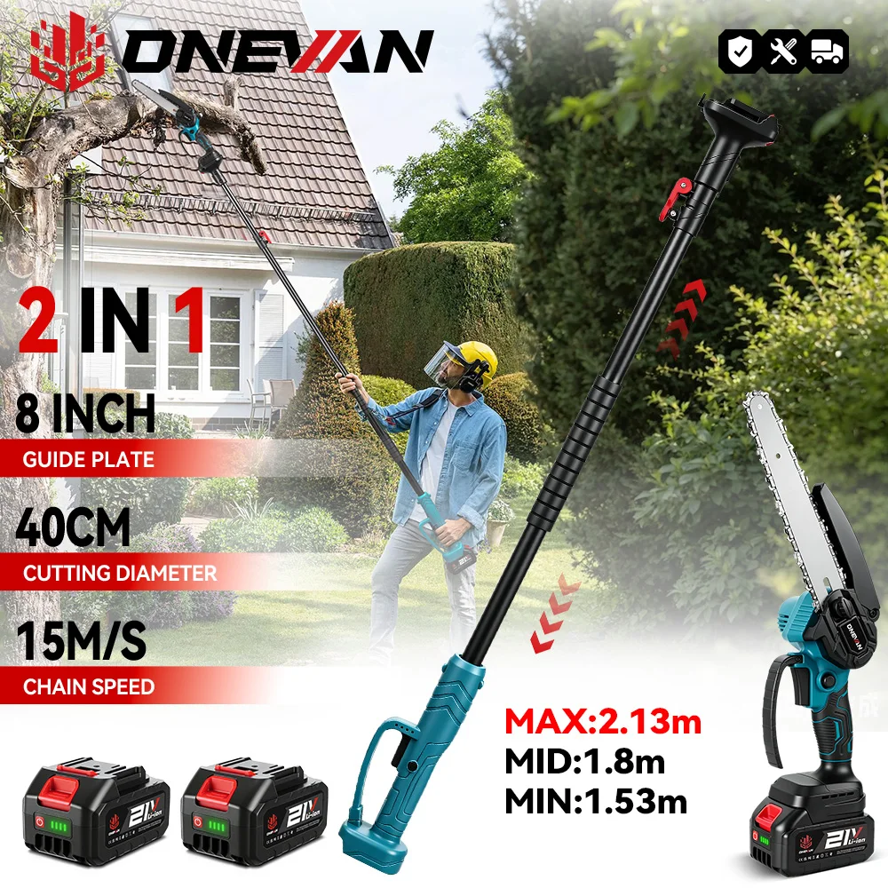 Motosega Elettrica Telescopica ONEVAN 5500W 8 Pollici Senza Spazzole 2IN1, Utensile per Potatura Rami Alti da Giardino, Compatibile con Batteria Makita 18V