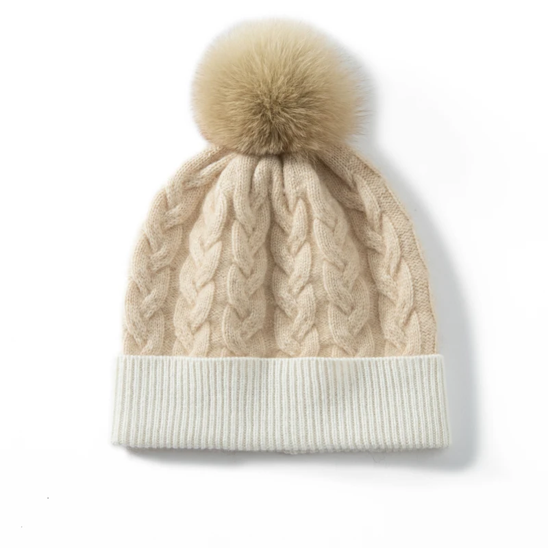 KOIJINSKY Women Autumn Winter 35% Cashmere 65% Merino Wool Cable Twist Knit Beanie Two Tone Contrast Ribbed Cuff Large Real Racc