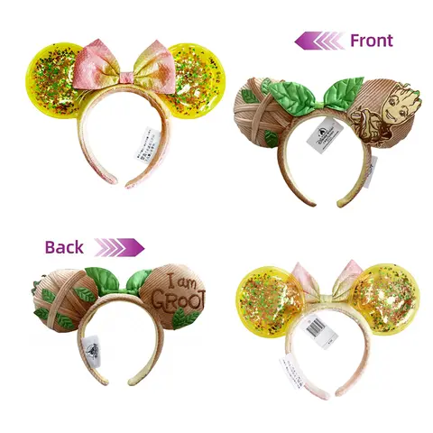 2025 Disney Minnie Mouse Ear Headband Disneyland Mickey Headwrap Adult/Kid Plush Cosplay Transparent Ear Leaf Bow Hair Accessory