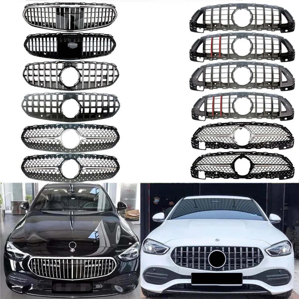 GT-R Style Vertical Bar Hood Upper Grille For Mercedes Benz W206 C206 C200 C220 C300 C350 C43 AMG Line 2022-2024