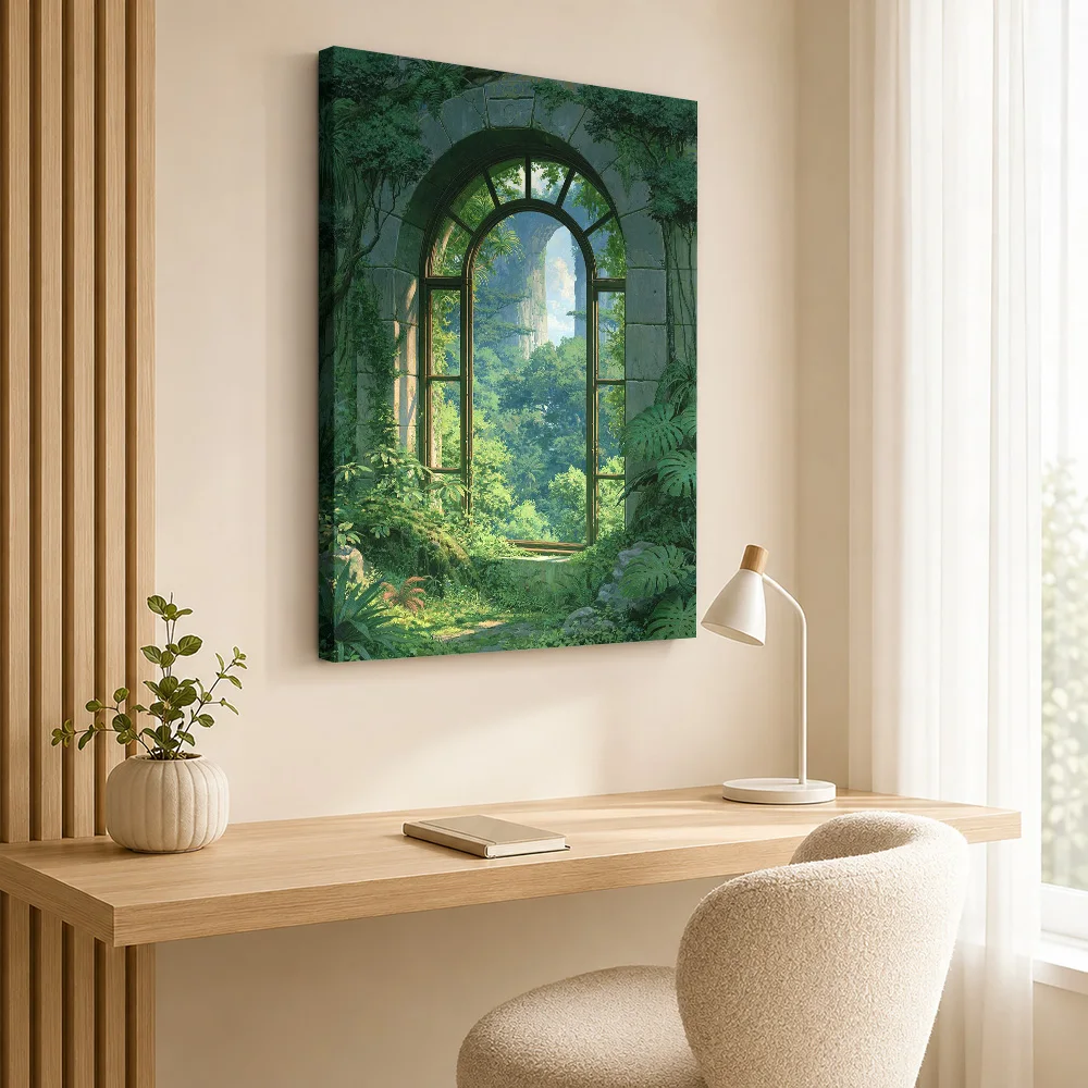 Overgrown Ruined Archway In Lush Forest Canvas Poster Customized Photo Fantasy Illustration Wall Art For Bedroom, Dreamer Gift