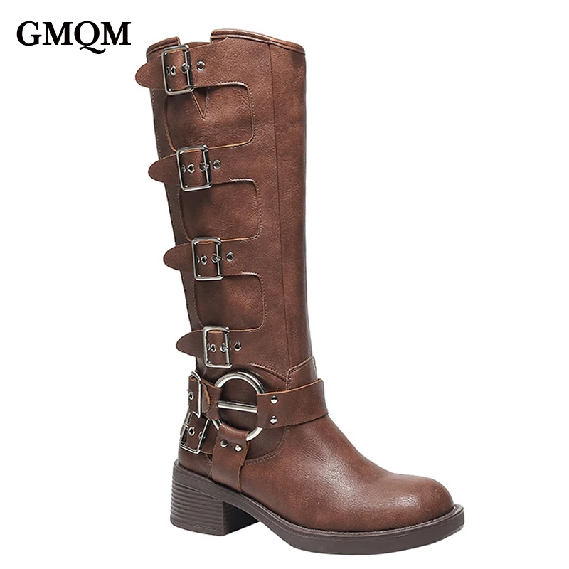 

GMQM Luxury Fashion Women's Mid-Calf Boots Metalic Buckle Platform Shoes Slip on Horse Boots Thick Soled Punk Motorcycle Style