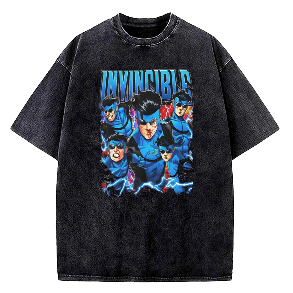 Invincible Mark Grayson Cartoon Vintage Washed T-shirts Men Women Summer Cotton Clothing Fashion Round Neck Short Sleeved Tee