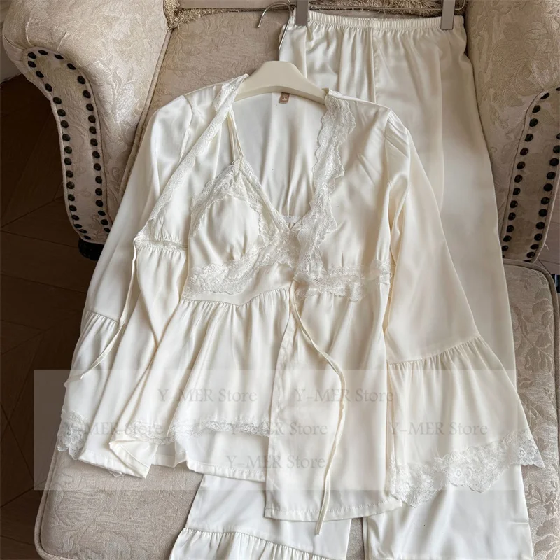 

Princess Style Pajamas Set Lace Trim Cami Top Cardigan Pants with Chest Pad French Elegant Pijama Mujer 3Pcs Outwear Nightwear