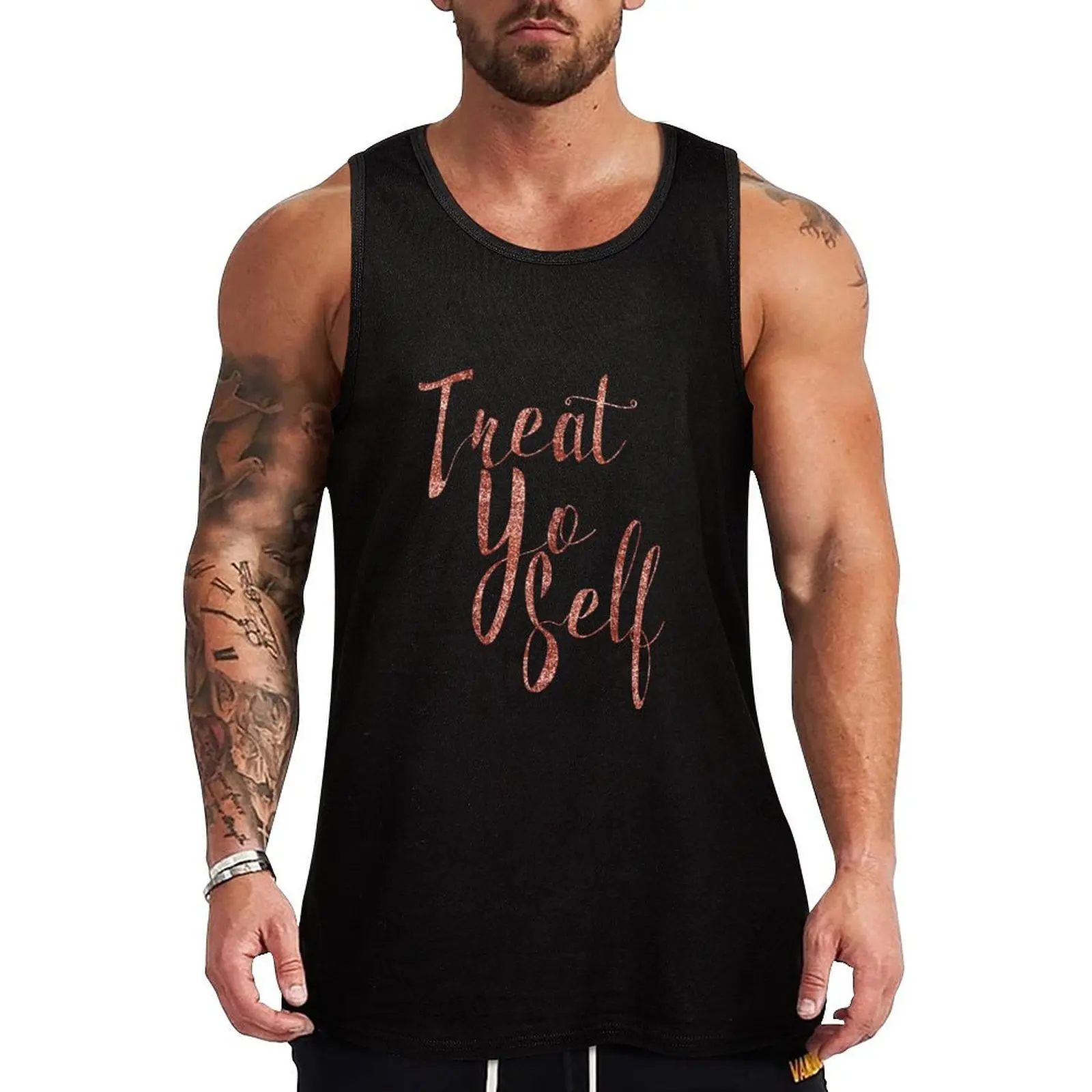 Treat Yo Self Rose Gold Glitter Print Tank Top Durable Tank Top Wrinkle Resistant Casual Sleeveless