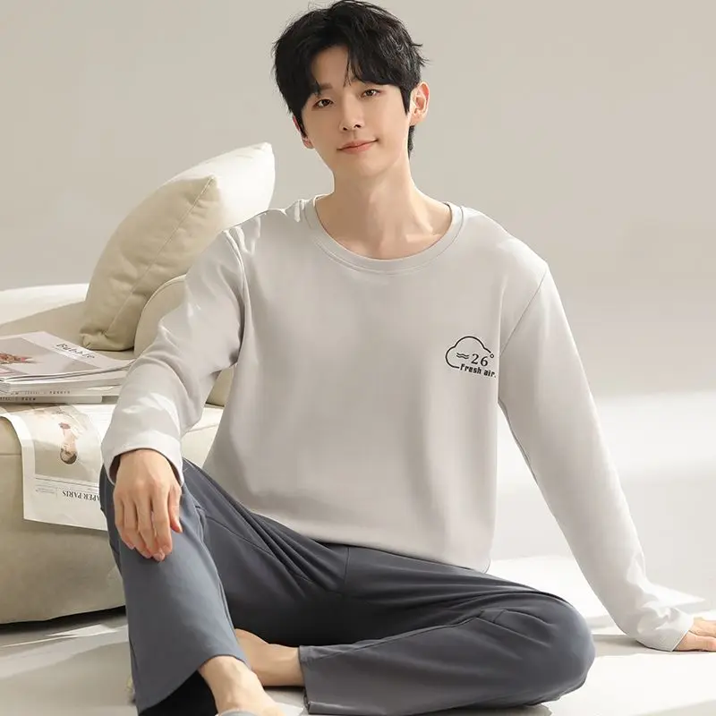 

2024 Autumn Long Sleeve 100% Cotton Pajamas Sets for Men Korean Loose High Quality Sleepwear Pyjamas Male Homewear Home Clothes