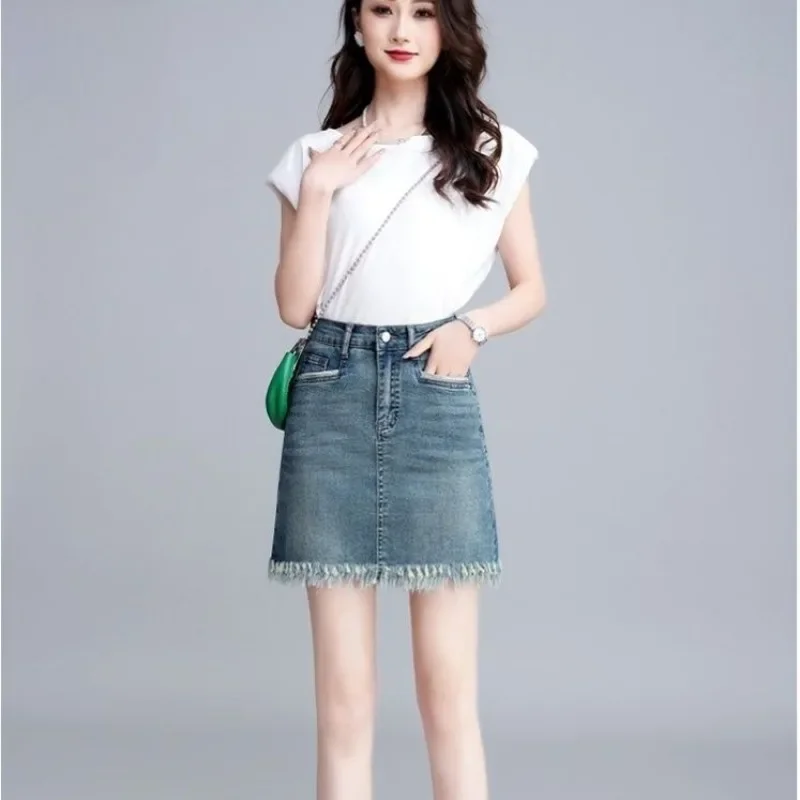 

Korean Style Blue Fringe Woman Denim Skirt Casual Cheap Vintage Streetwear Harajuku Clothing Trend 2025 Jeans Skirts for Women
