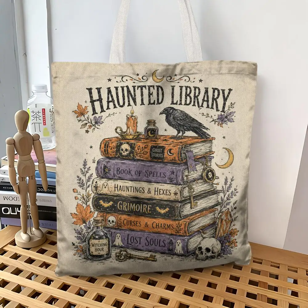 Vintage Book Stacks Storage Bags Canvas Tote Bag Large Capacity Shoulder Bag Eco-Friendly Reusable Casual Handbag