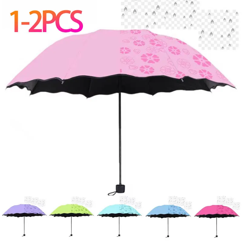 1-2PCS Portable Water Blooming Umbrella Sun Rain Dual Use Black Coating UV Protection Folding Parasol Creative Manual Design