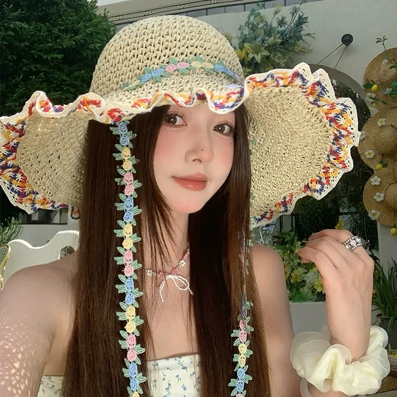 大きなつばの麦わら帽子-レディース-夏-ビーチ-バケーション-日焼け対策-釣り村帽子-編み込みサンキャップ-家庭用-日常使い-頭部保護