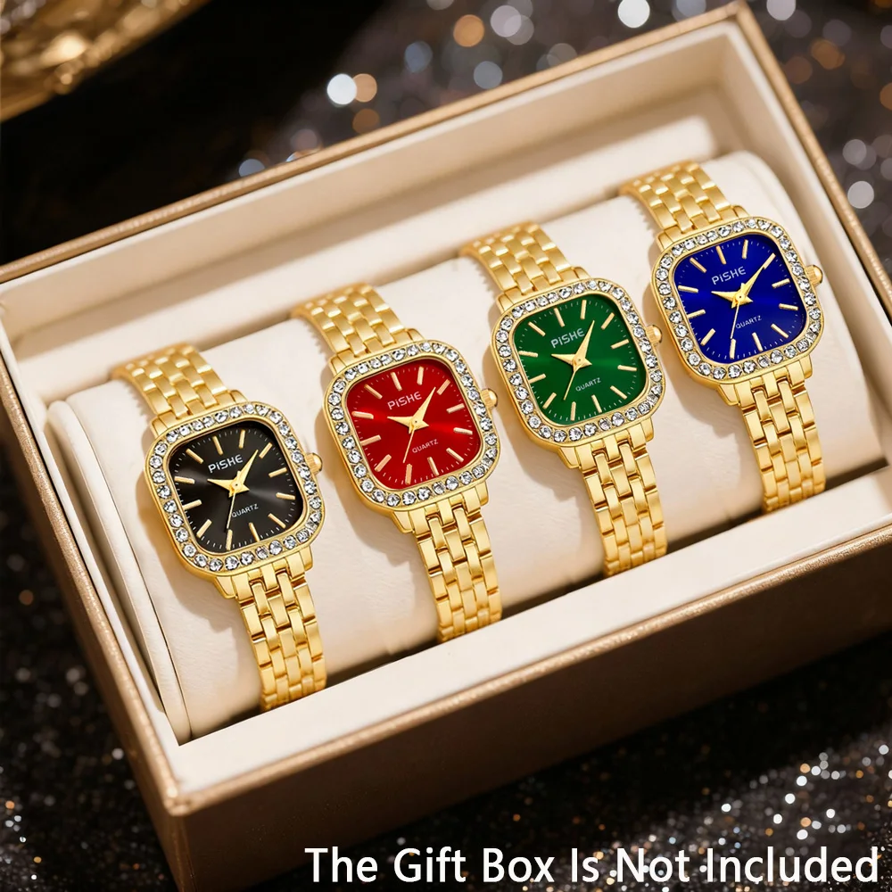 4pcs Latest fashion quartz ladies' watch set, with a golden alloy band and high-end high-quality design