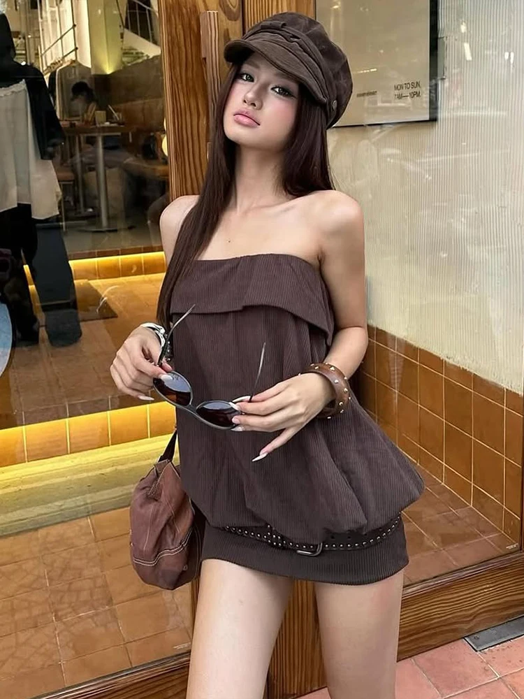 Sukienka Weird Puss Hottie Bud, damska, bez ramiączek, prążkowana, z odkrytymi plecami, patchworkowa, seksowna, nowy trend, jednolita, brzoskwiniowa, podkreślająca biodra, na randkę, do klubu, streetwear