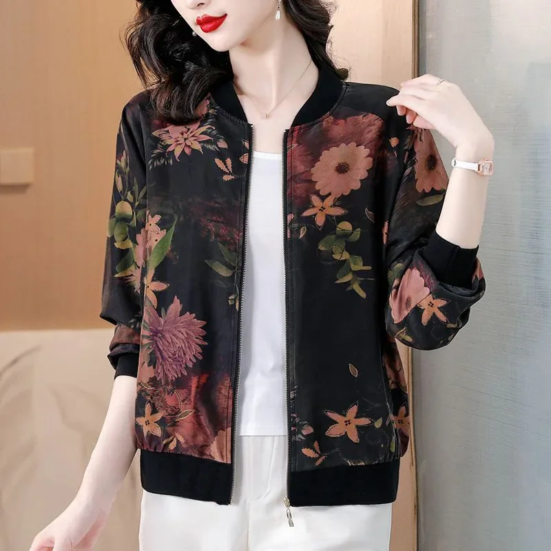 

Осенняя новая бейсбольная рубашка с защитой от солнца, короткая верхняя одежда, женская шифоновая куртка на молнии с длинными рукавами и цветочным принтом