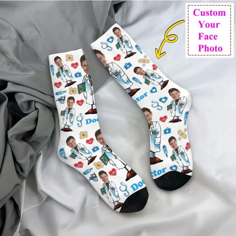 

Fun Mens Doctor Custom Dress Socks Unisex Warm Comfortable 3D Printed Personalized Face Photo Design Crew Socks