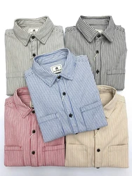 2025 Spring New Japanese Retro Long Sleeve Lapel Striped Cargo Shirt Men's Amekaji 100% Cotton Washed Loose Double Pockets Tops