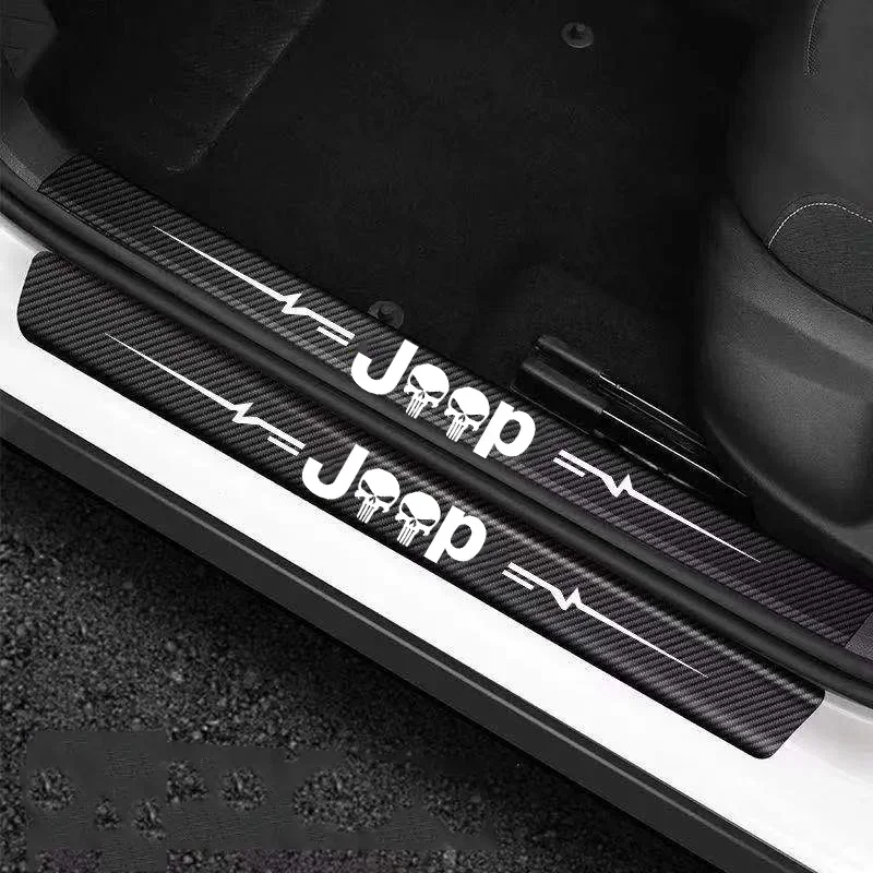 Car Door Threshold Sill Protective Stickers Anti Scratch for Jeep Logo Carbon Fiber Leather Rear Trunk Bumper Decals Accessory