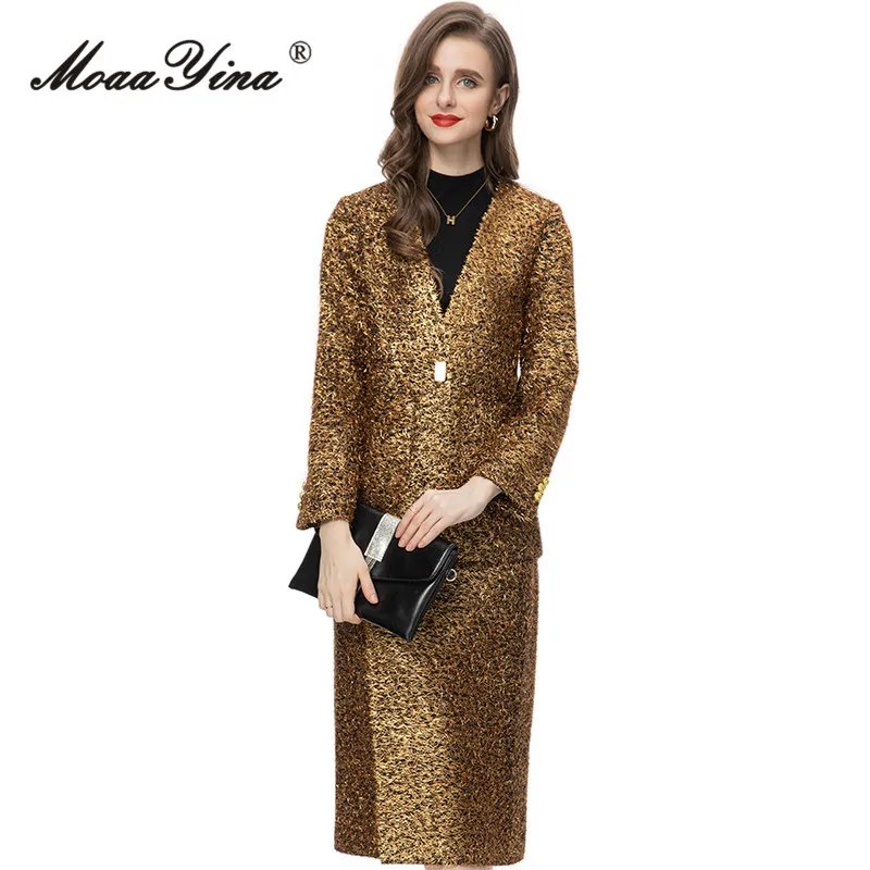 

MoaaYina Winter Fashion Runway Golden Vintage Skirt Set Women V Neck Pockets Slim Coats+Package Buttocks Slit Skirt 2 Pieces Set