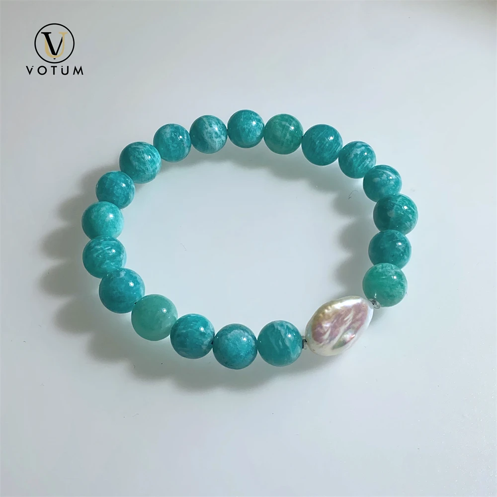 Votum Natural Chinese Freshwater Baroque Pearl Bead Amazonite Beaded Bracelet for Women Crystal Healing Blue Stone Gift Armband