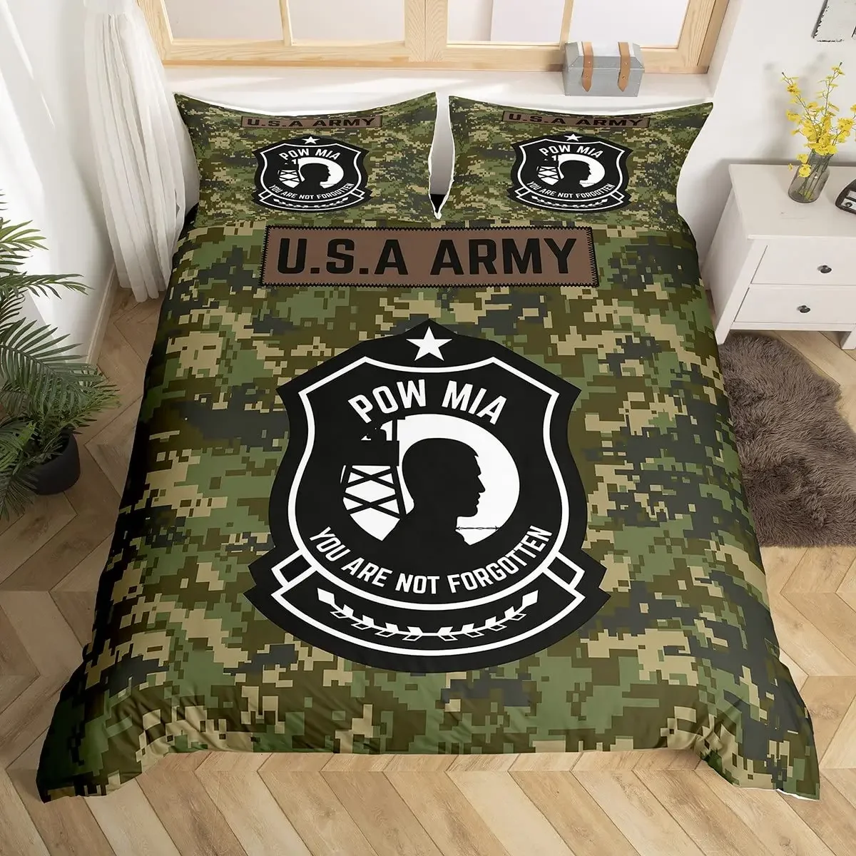 Boys Army Green Duvet Cover Set Full King Size,Classic Camouflage Bedding Set,USA Soldier Silhouette Comforter Cover Quilt Cover