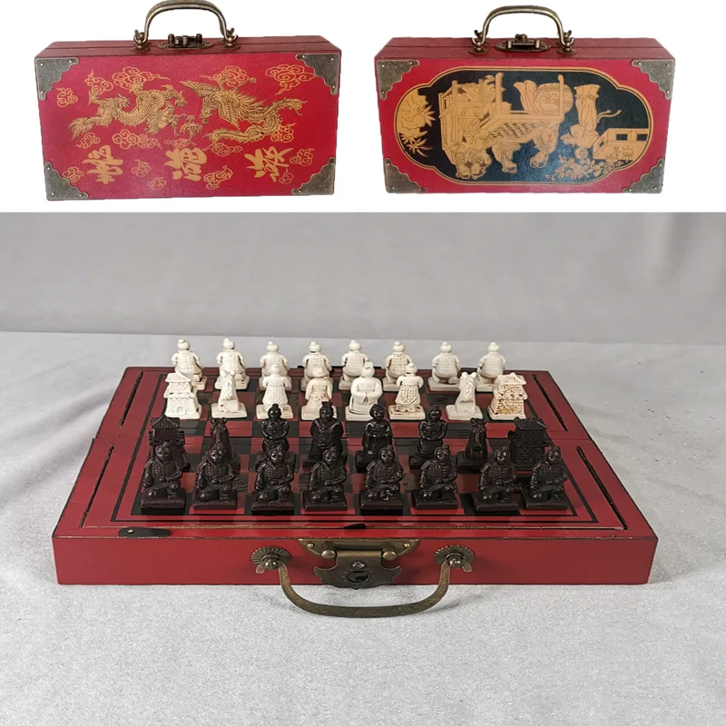 

International Chess Set Antique Portable Chess Box Resin Three-Dimensional Terracotta Army Chess Piece Wooden Folding Chessboard