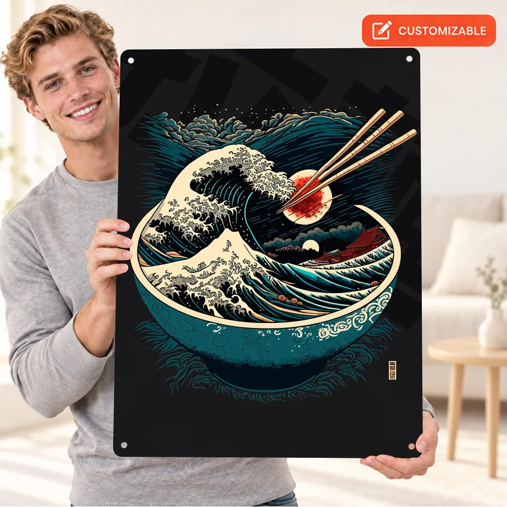 Ramen Wave Bowl Aluminum Poster Customized Metal Sign Japanese Illustration Wall Art For Restaurant Dining Area Home Cook Gift