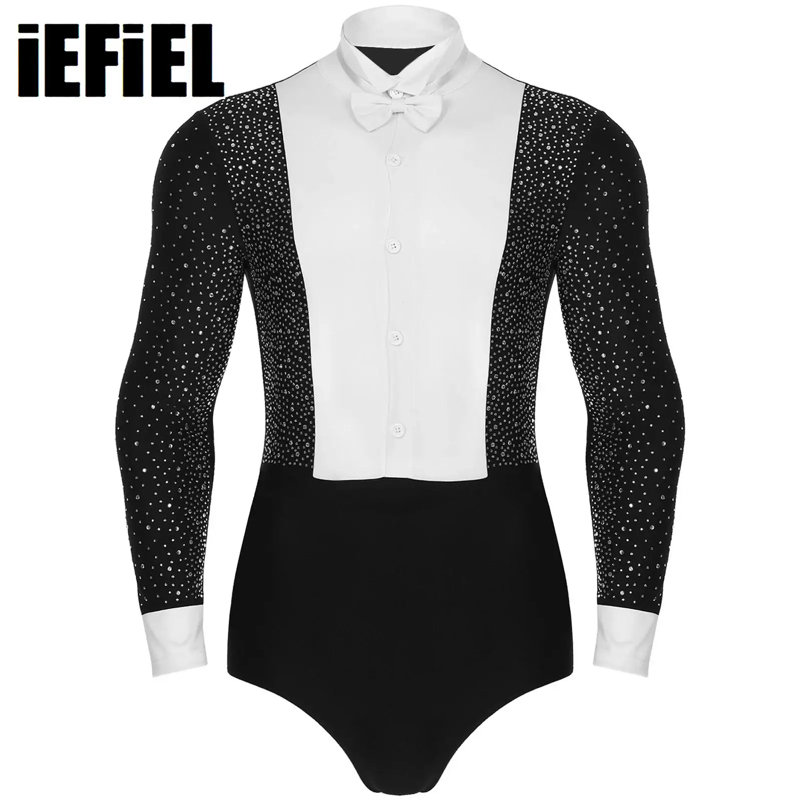 

Mens Ballroom Dance Leotard Latin Rumba Bodysuit Long Sleeves Shiny Rhinestones Color Block Bodysuit with Bowtie