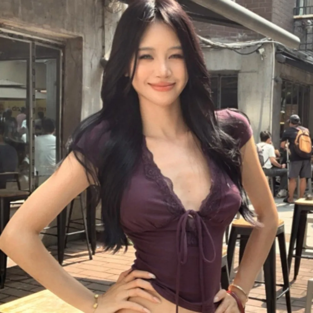 أنيقة الخامس الرقبة سليم المحاصيل قمم قصيرة الأكمام الحلو قاع تي شيرت الدانتيل مطاطا بروتيل فتاة حار