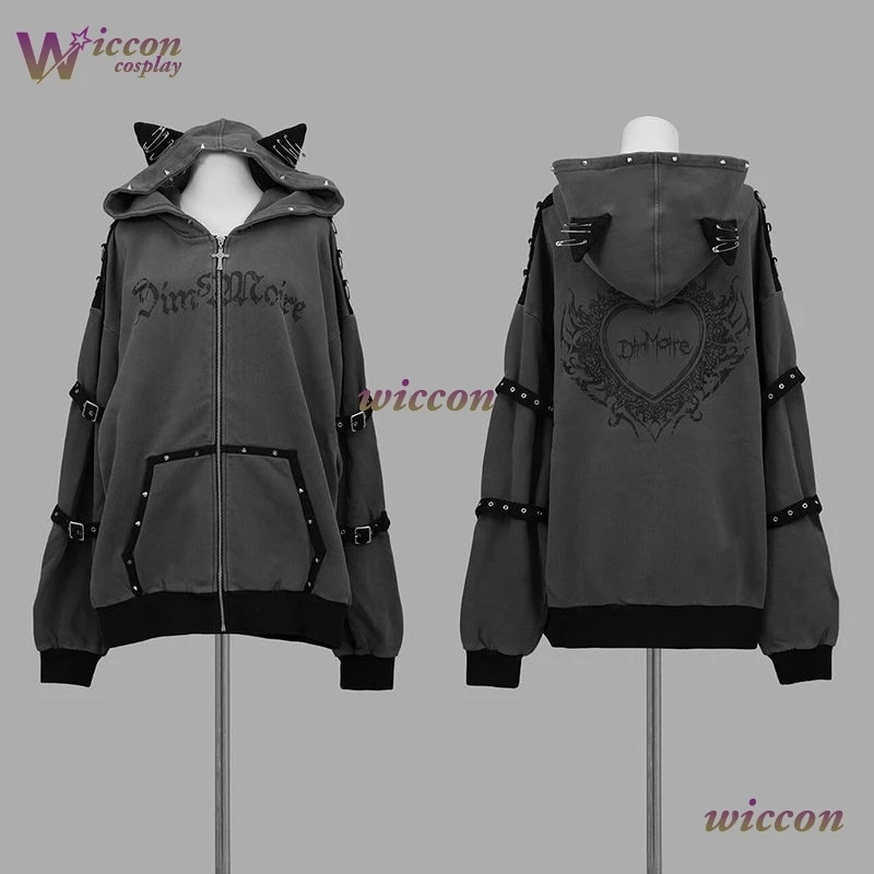 Uhaha Streetwear Harajuku Sudaderas con capucha, Chaquetas, Ropa de mujer, Abrigo con cremallera estilo punk, Estampado de remaches japonés, Sudaderas casuales Y2k