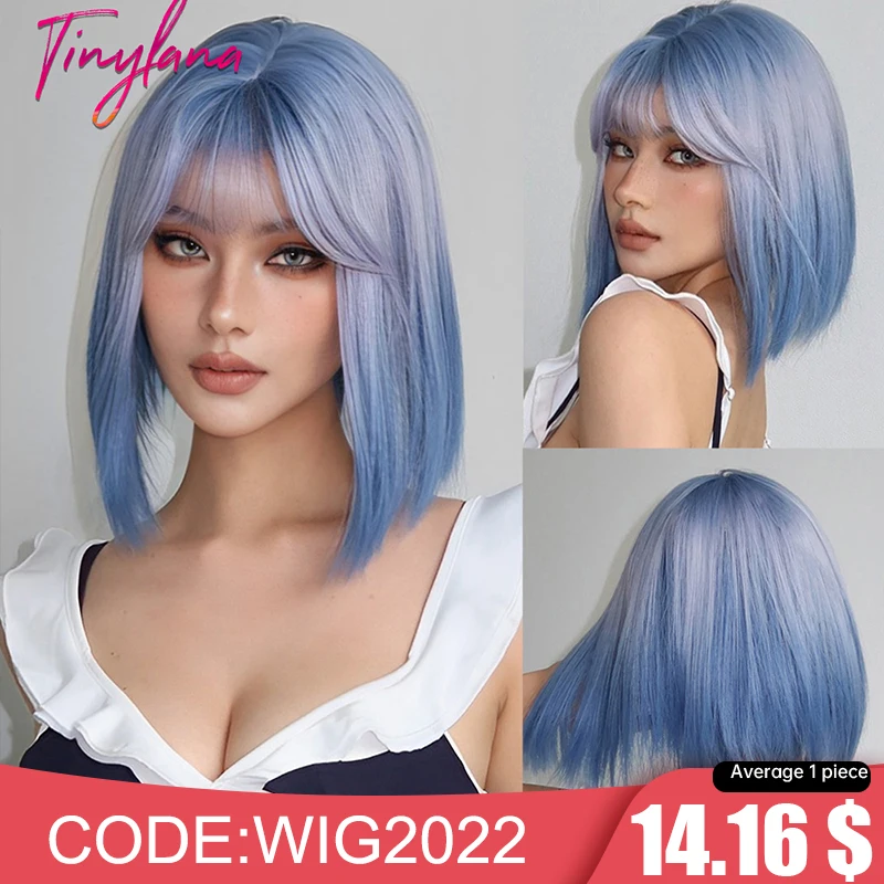 Blue Purple Ombre Cosplay Synthetic Wigs Short Bob Straight Lolita Halloween Hair Wig with Bangs for Women Afro Heat Resistant