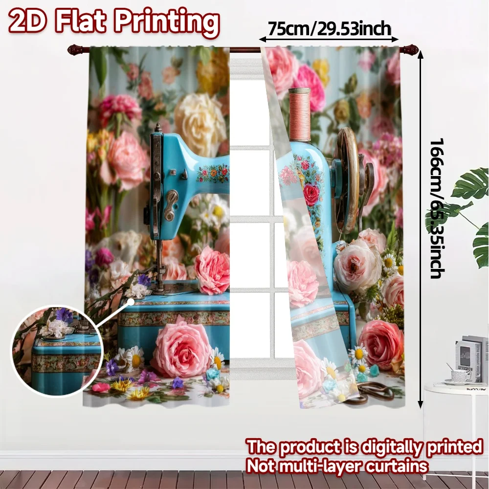 2pcs, 2D FLAT PRINTING Curtains (Without Rod) Floral Stitch Pattern Modern Curtains Durable Polyester Curtains Decorations For