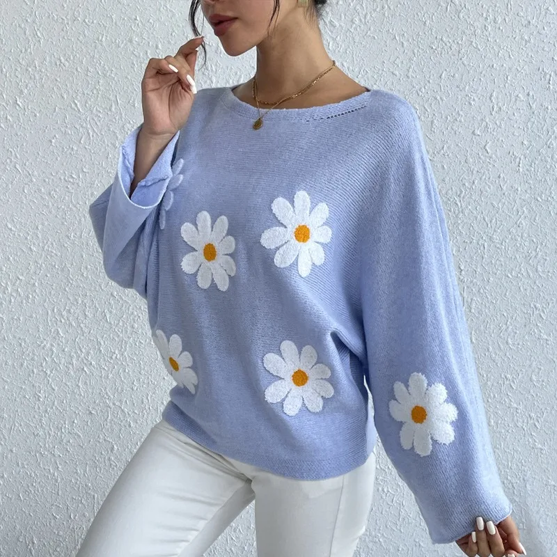New Spring Women's Embroidered Flower Decor Casual Loose Bat Sleeves Knitted Top Temperament Commuting Female Fashion Pullovers