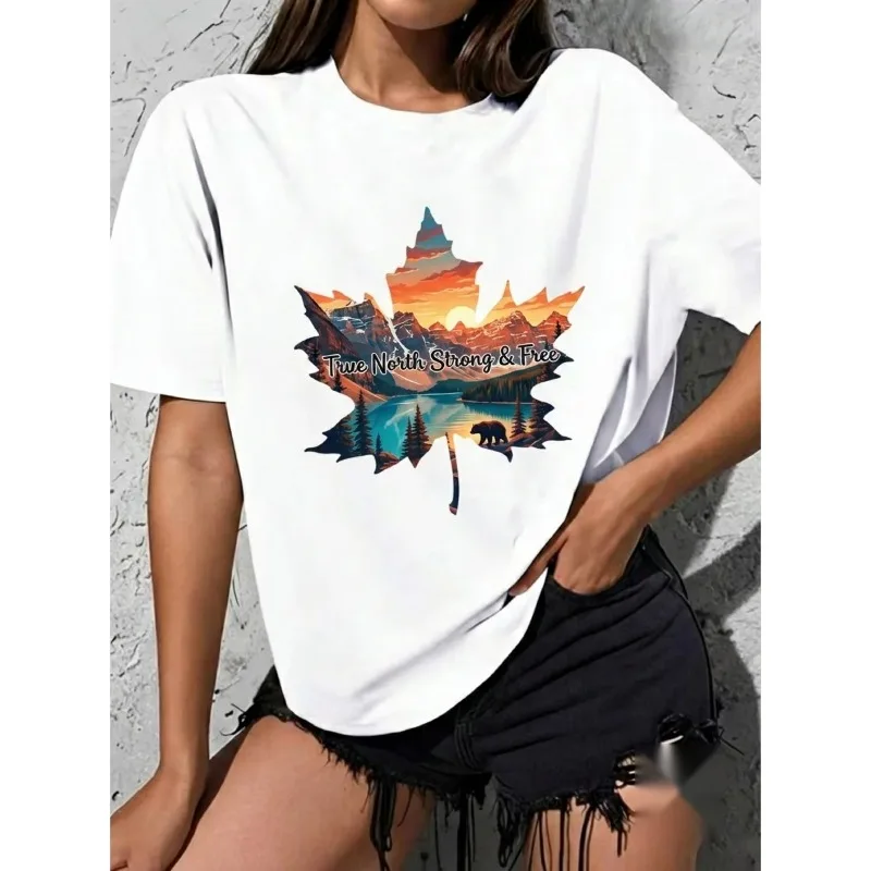 Authentic Northern Maple Leaf Printed Women's T-shirt Harajuku Short Sleeve Casual Aesthetic Clothing Women's Casual Top