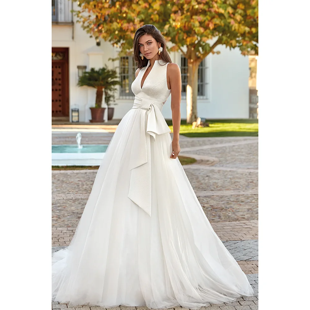 

Elegant Bridal Gown Customized V-Neck Sleeveless Bow Pleat Tulle A Line Modern Bridal Dress Long Women's Wedding Dresses