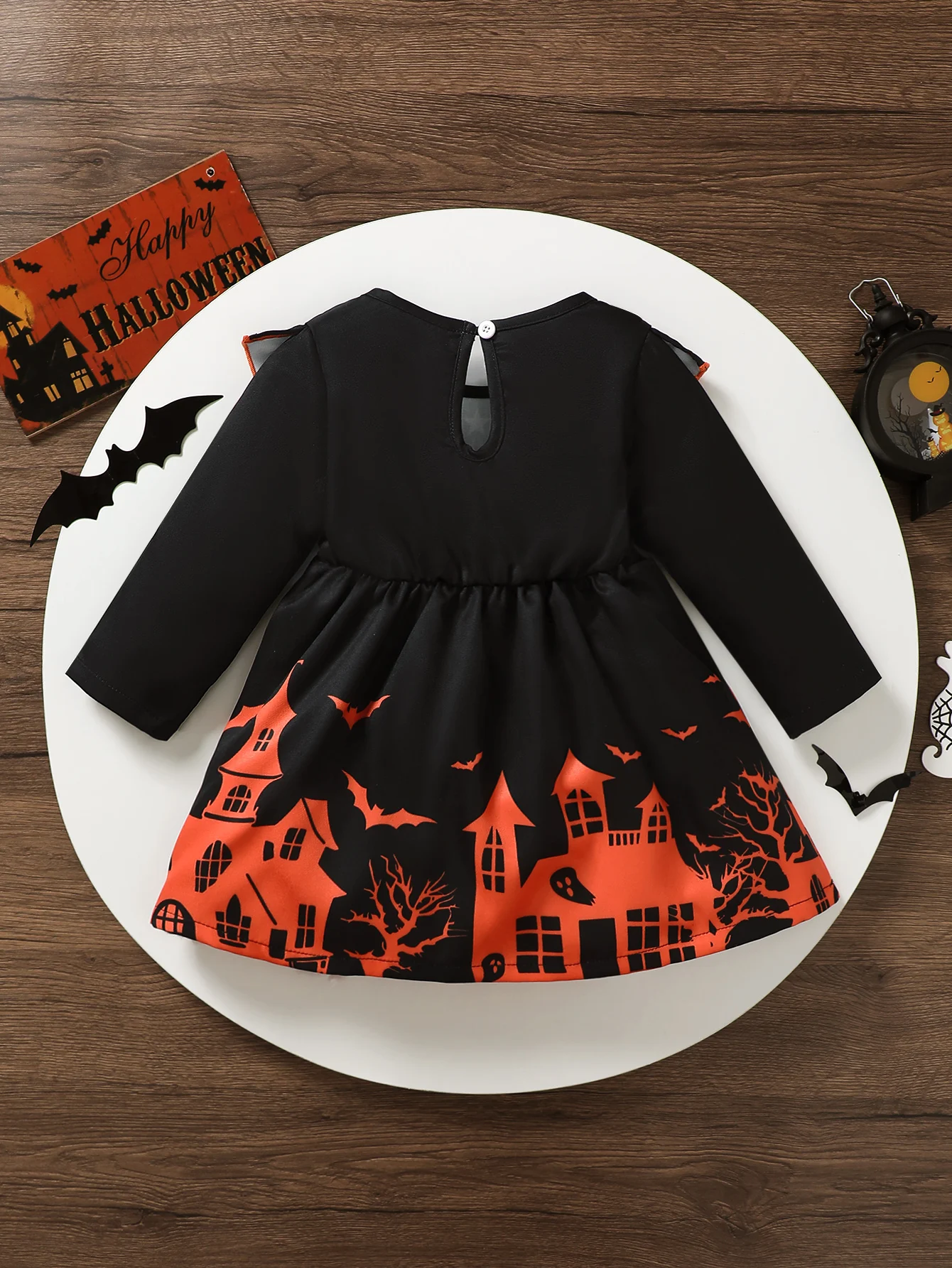 Baby Girl Halloween Dress Long Sleeve Pumpkin Ghost Castle Bat Ruffle Dress For 2-3 Years Old Toddler Fall Party Costume Outfit