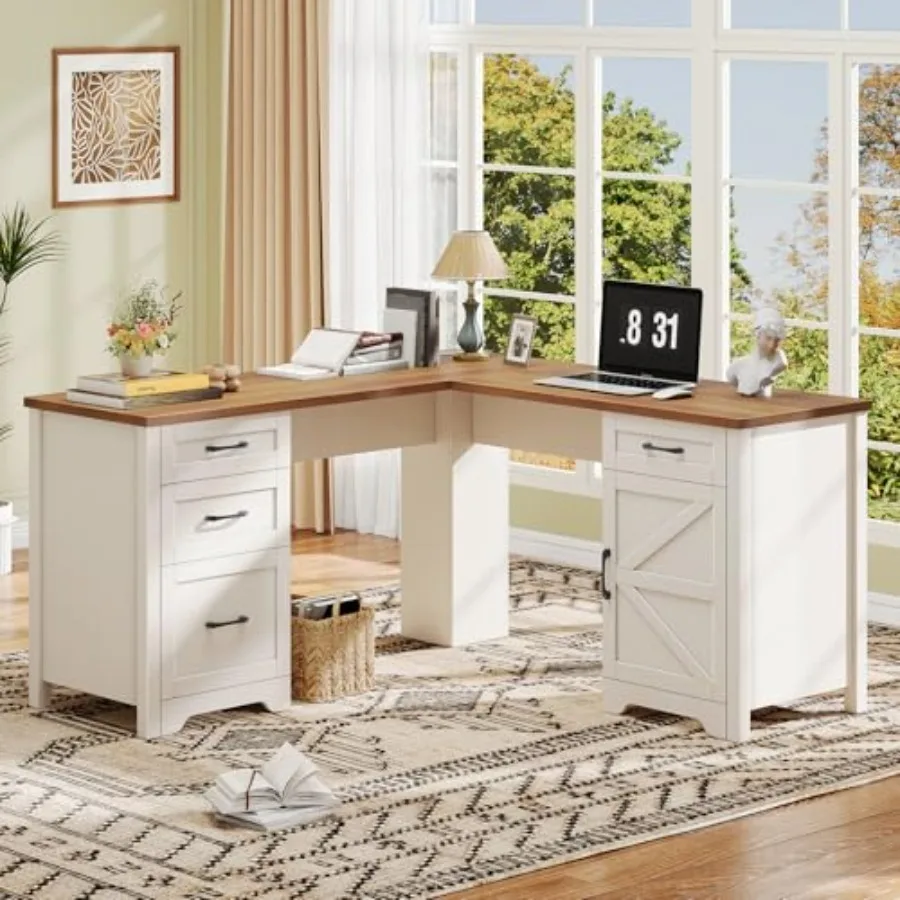 

59" L Shaped Executive Desk with Power Outlets, Farmhouse Home Office Desk with File Drawer, Storage Cabinet, Wood Corner Sturd