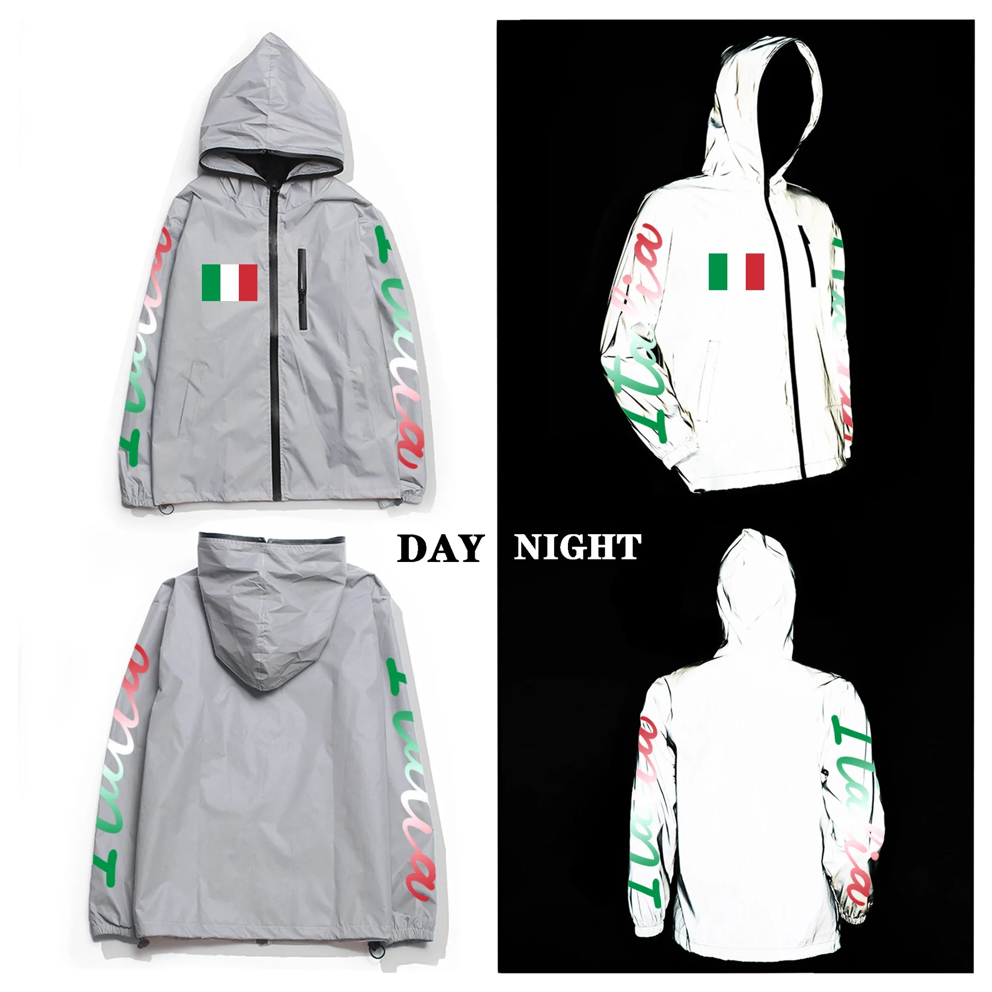 

Italy Italiaanse Vlag Reflective Jacket Mens Womens Coat Hooded Windbreaker Run Jackets Cycling Hiking Zipper Custom Hoodie