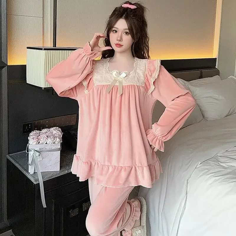 Island Velvet Nightgown Lady Autumn Winter Sweet and Lovely Princess Wind Solid Color Girl Loose Large Size Lace Style Home Wear