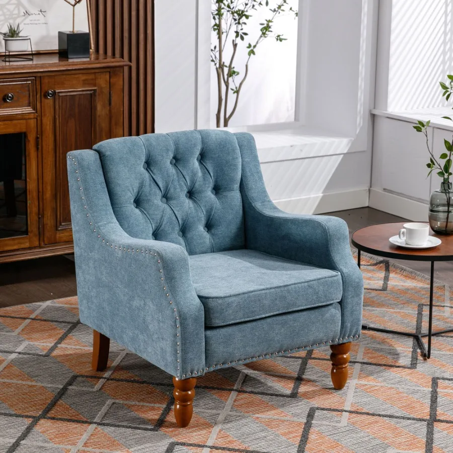 Blue Accent Chair Living Room Chair Footrest Chair Set with Vintage Brass Studs Button Tufted Upholstered Armchair for Living R