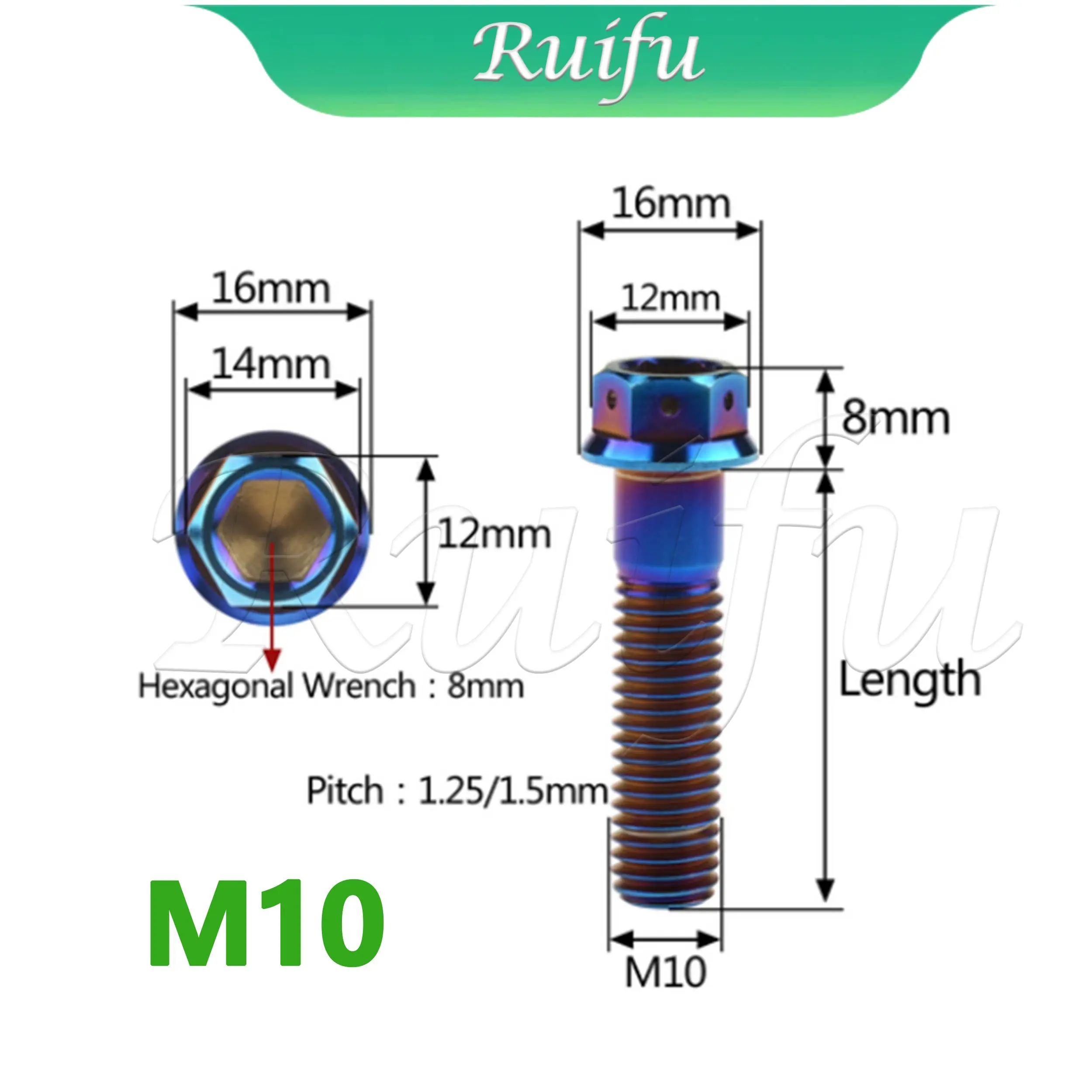 Ruifu  Titanium BoltTi20PCS  M10x20~90mm Pitch1.25/1.5mm Flange Socket Head Screw for Motorcycle Caliper Modification