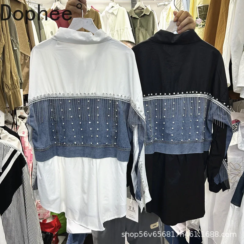 

New Design Spring Autumn Denim Splicing Long Sleeve Women Blouses Elegant Diamonds Turn-down Collar Mid-long Causal Shirt Tops