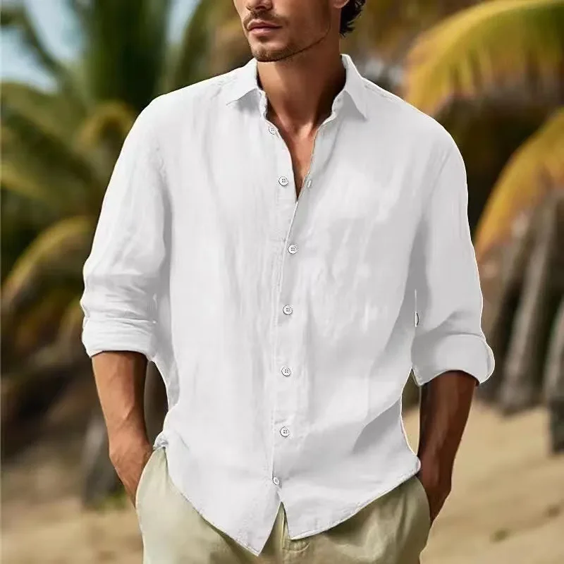 Men's long-sleeved button-down shirt - fully buttoned, solid color, relaxed casual summer/ spring beach everyday top