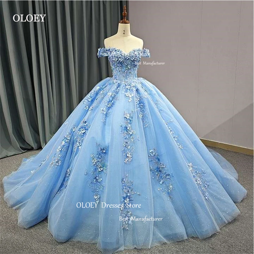 OLOEY-vestido de encaje con hombros descubiertos para mujer, traje Sexy de lujo para quinceañera, con purpurina brillante, con flores 3D, para fiesta, 15, 18