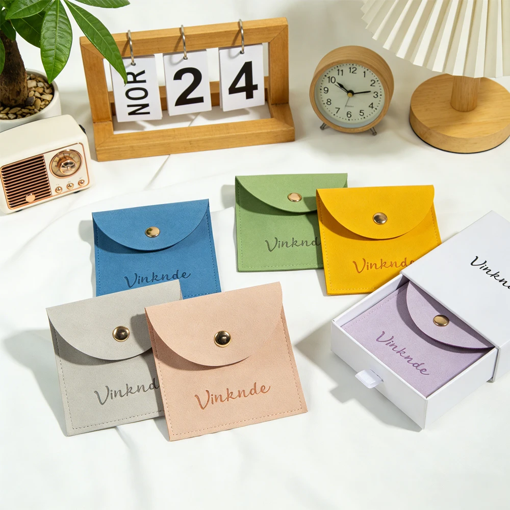 

100Pcs/Lot Customize Logo Velvet Jewelry Pouches 5x5cm 7x7cm 8x8cm Microfiber Snap Bags Earring Ring Holder Wedding Gift Pouch