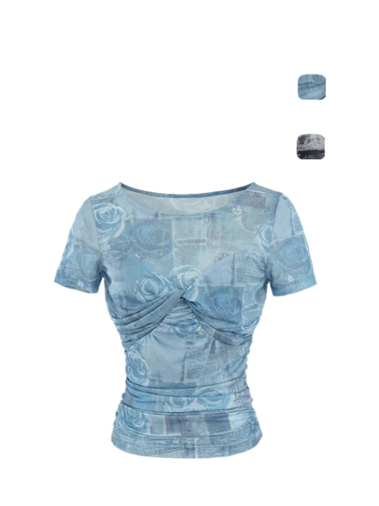 เสื้อยืดเซ็กซี่รัดรูปสไตล์อเมริกัน ลายมัดย้อมแบบย้อนยุค ผ้าสองชั้น จับจีบเอวผูกโบว์  สำหรับฤดูร้อน สไตล์สตรีทแฟชั่น