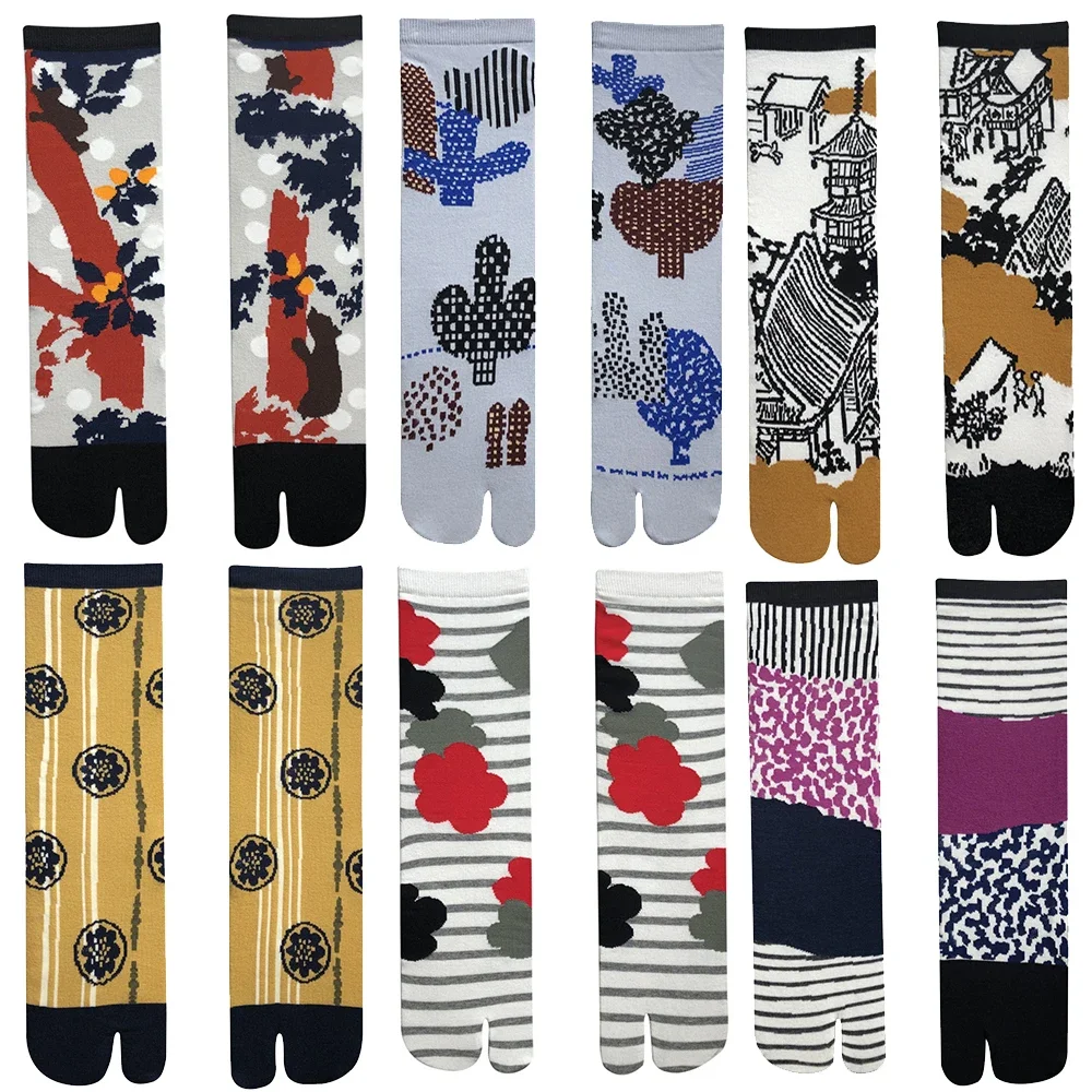 

Women Colorful Jacquard Two-Toed Socks Combed Cotton Soft Breathable Split Toe Socks Funny Chic Plants Leopard Striped Tabi Sock