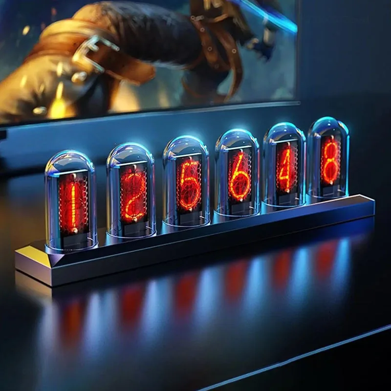 USB Powered RGB Nixie Tube Clock with IPS Color Screen, Corded Electric Aluminum Oval Alarm Clock with Charging Port, DIY Clock